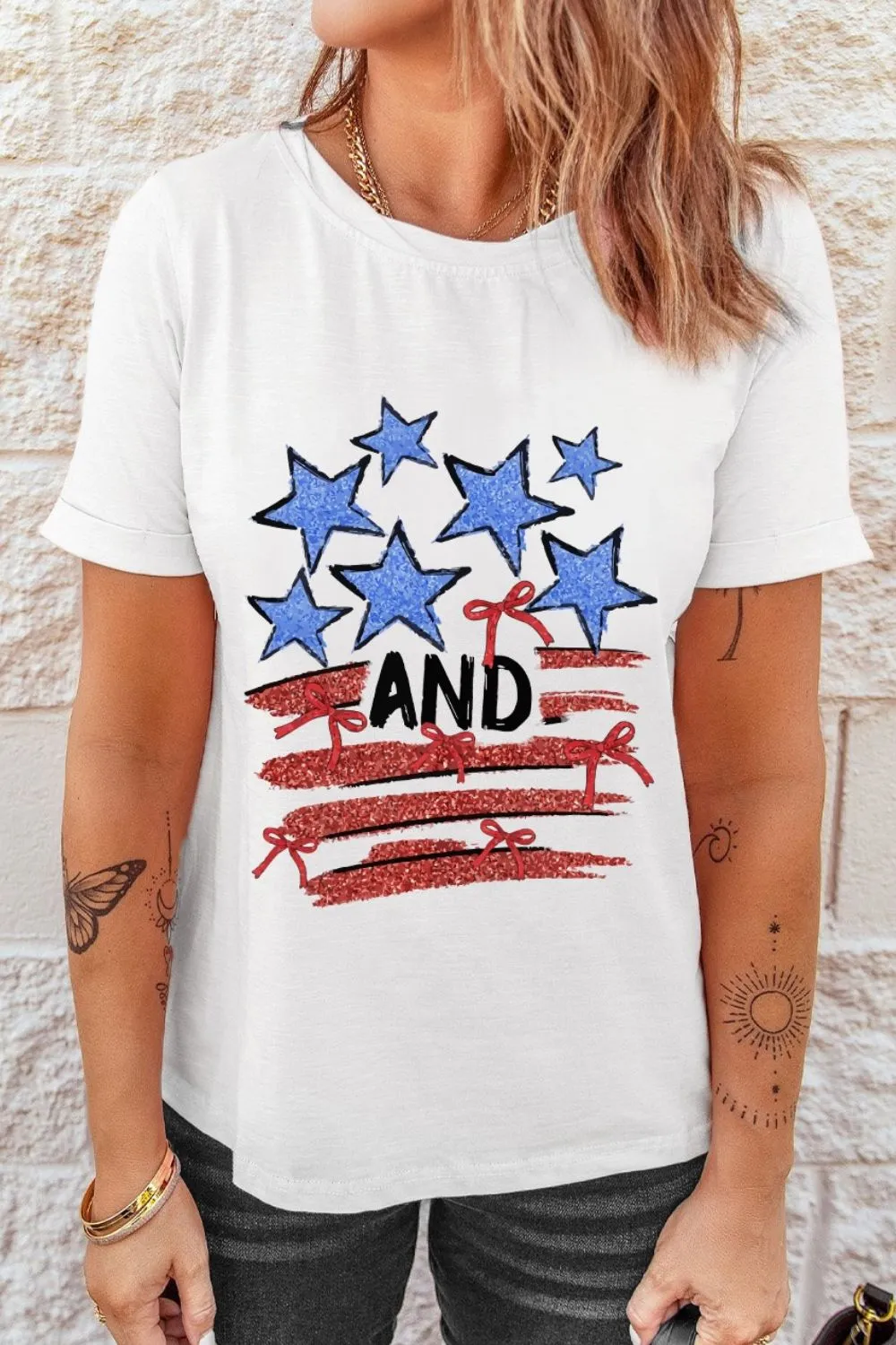 Stars and Stripes Bow Graphic T Shirt, image 5