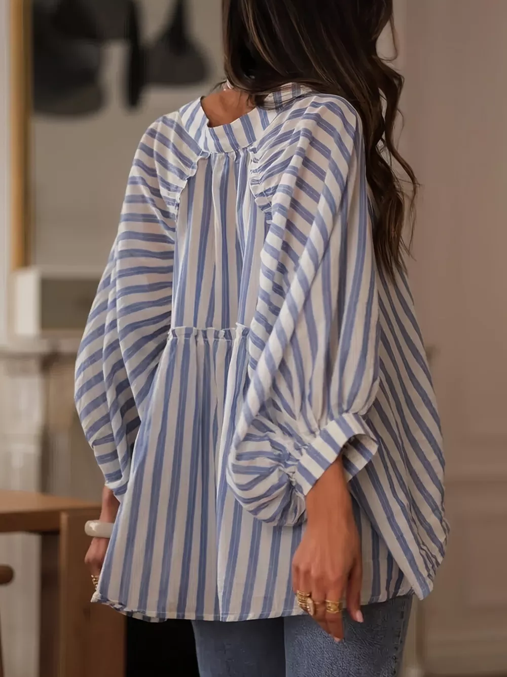 Striped Balloon Sleeve Button-Down Shirt, image 3
