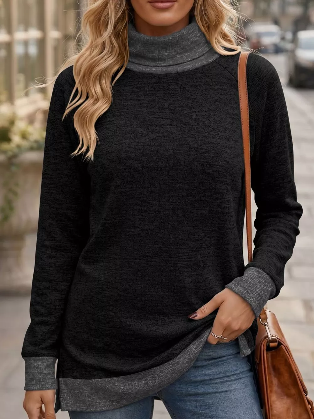 Turtleneck Raglan Sleeve T-Shirt, image 4