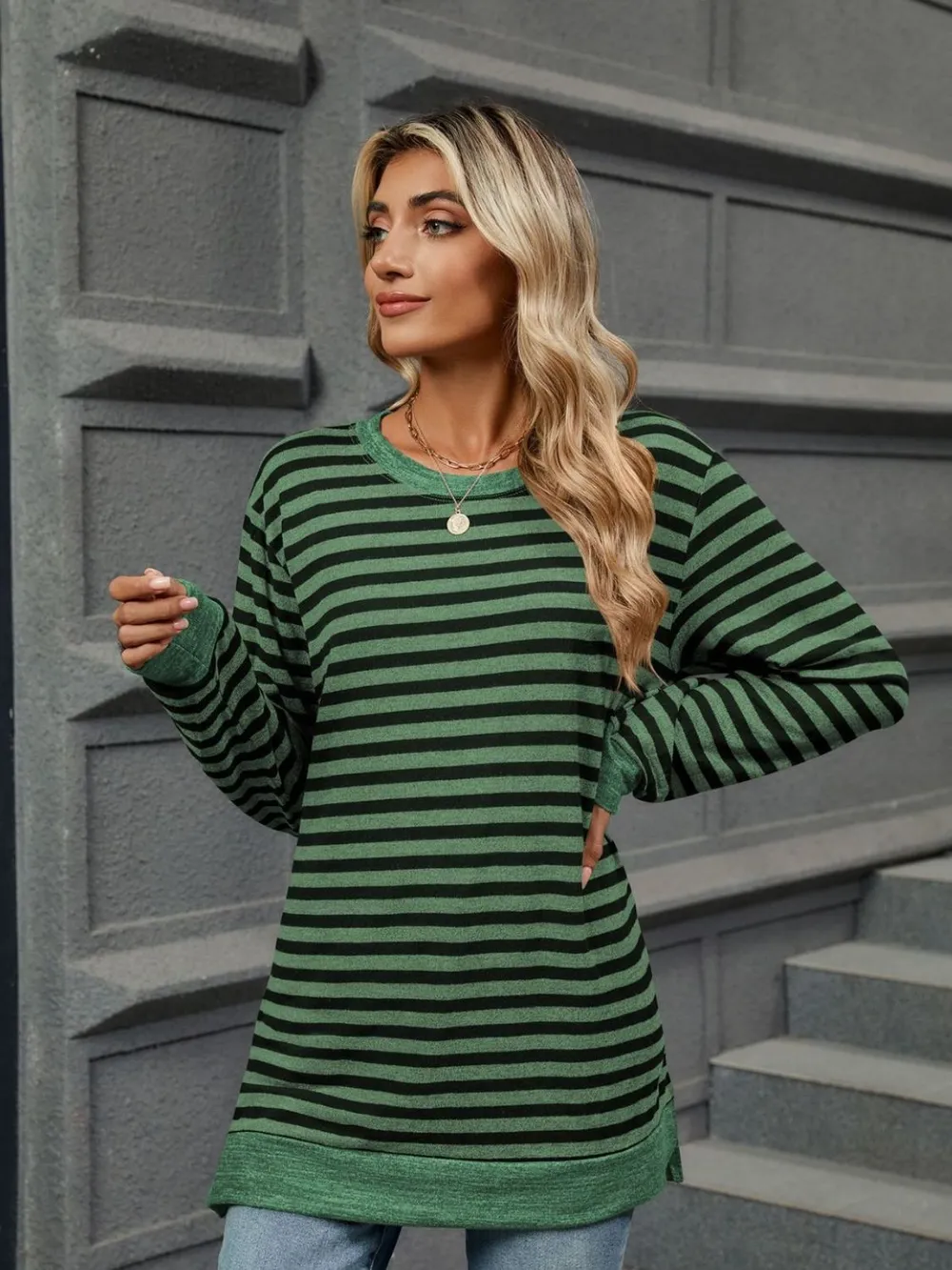 Striped Round Neck Long Sleeve T-Shirt, image 13