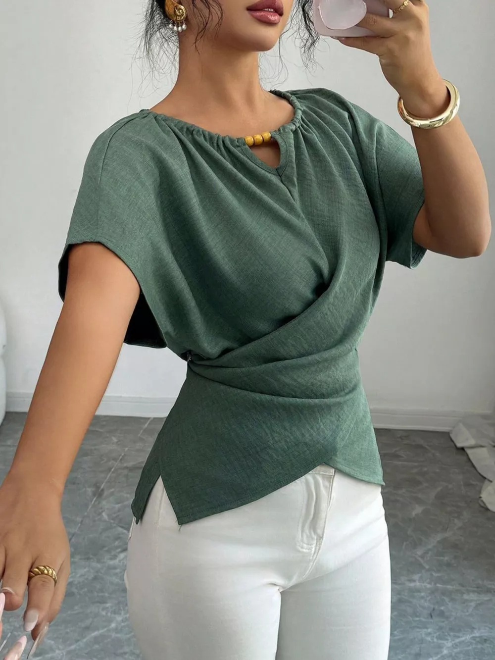 Beaded Neckline Short Sleeve Blouse, image 5