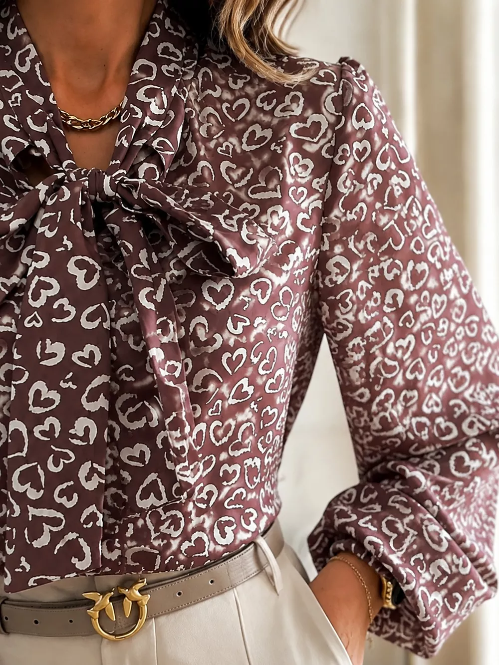 Printed Bow-Tie Neck Long Sleeve Blouse, image 8
