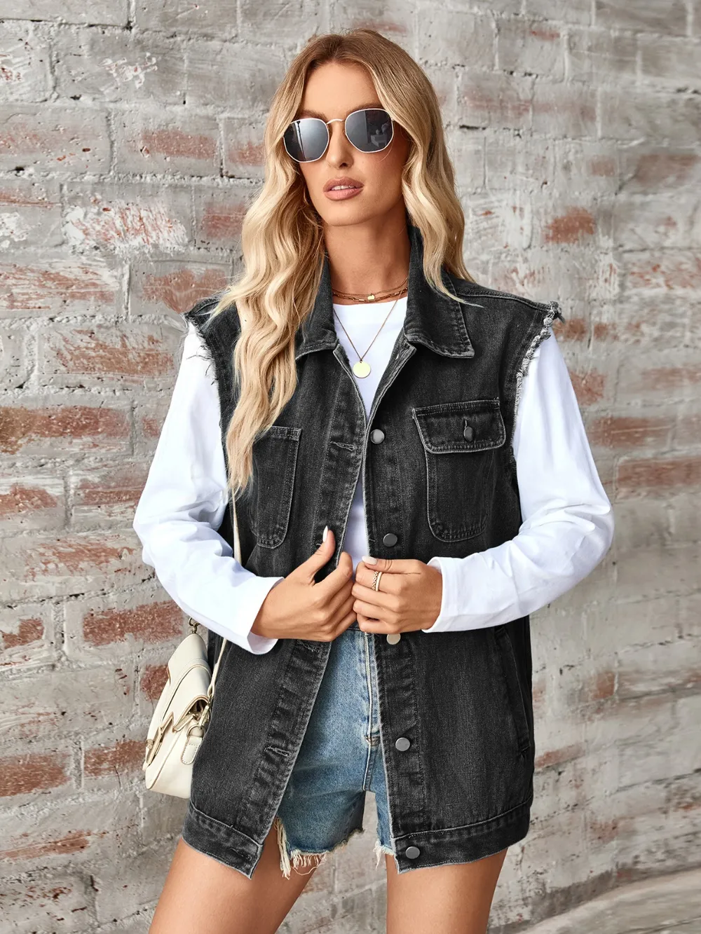 Raw Hem Sleeveless Button Up Denim Jacket, image 7