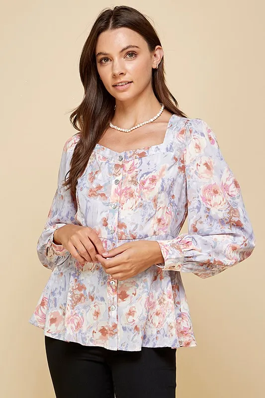 Floral Sweetheart Neckline Button Down Blouse