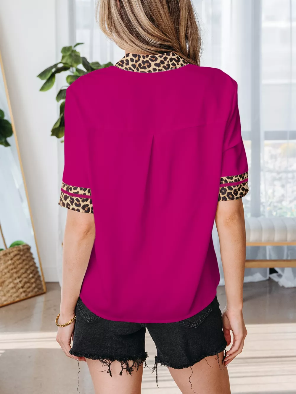 Leopard Patchwork Trim Split Neck Short Sleeve Blouse, image 3