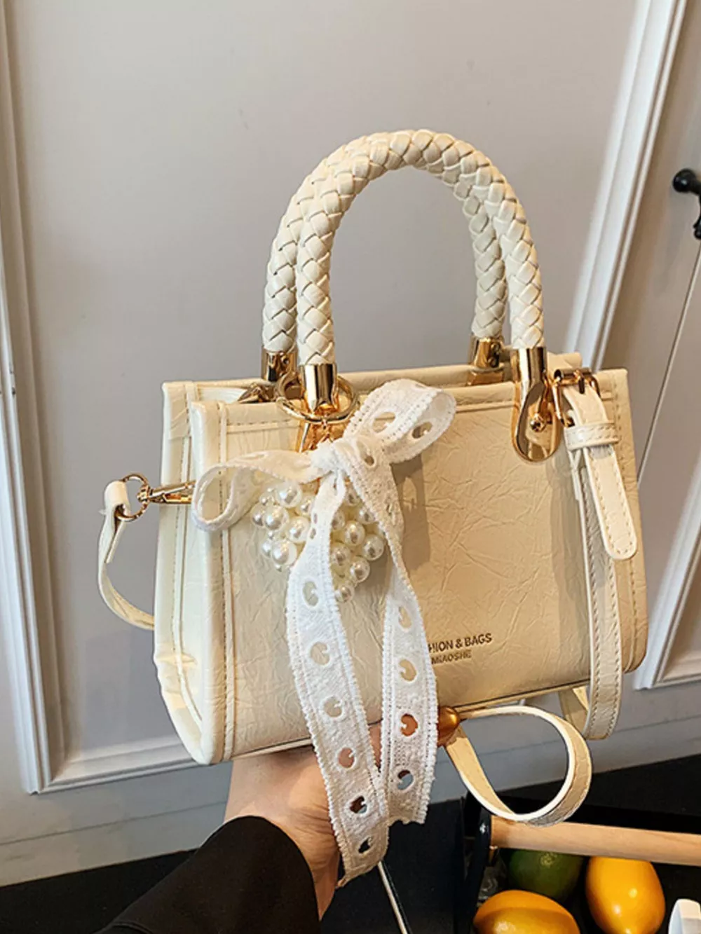 Braided Handle Pearl Decor Crossbody Bag, image 4