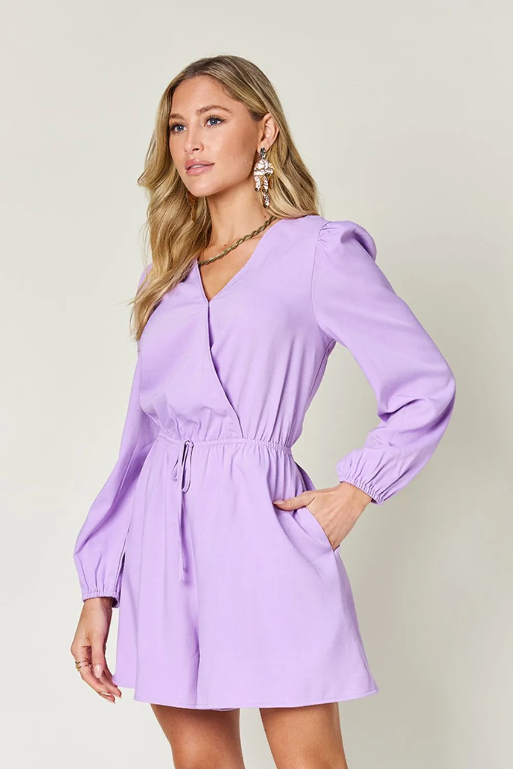 Full Size Drawstring Long Sleeve Romper, image 10