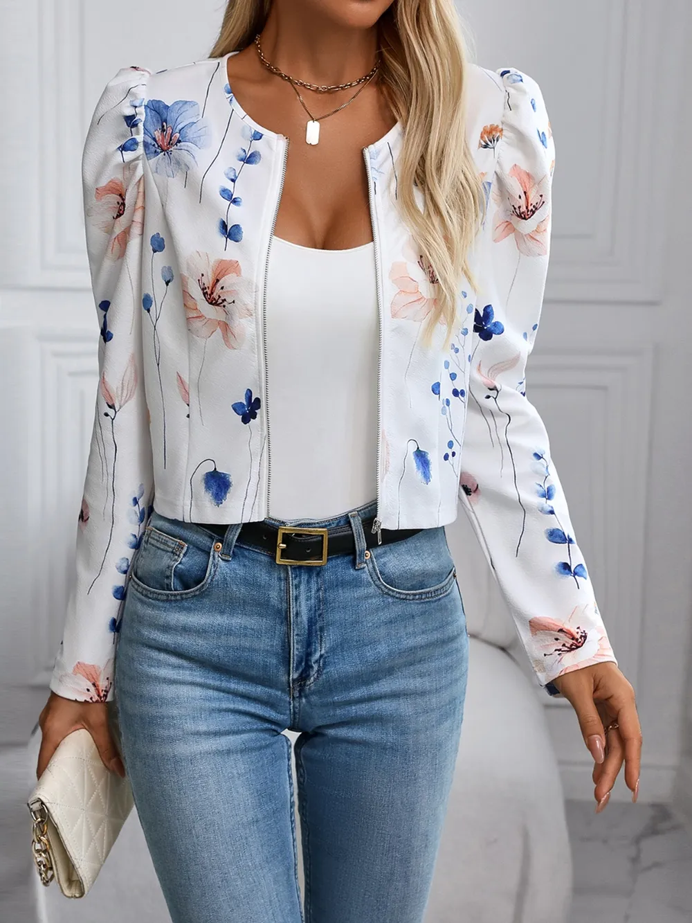 Printed Zip Up Long Sleeve Jacket, image 2