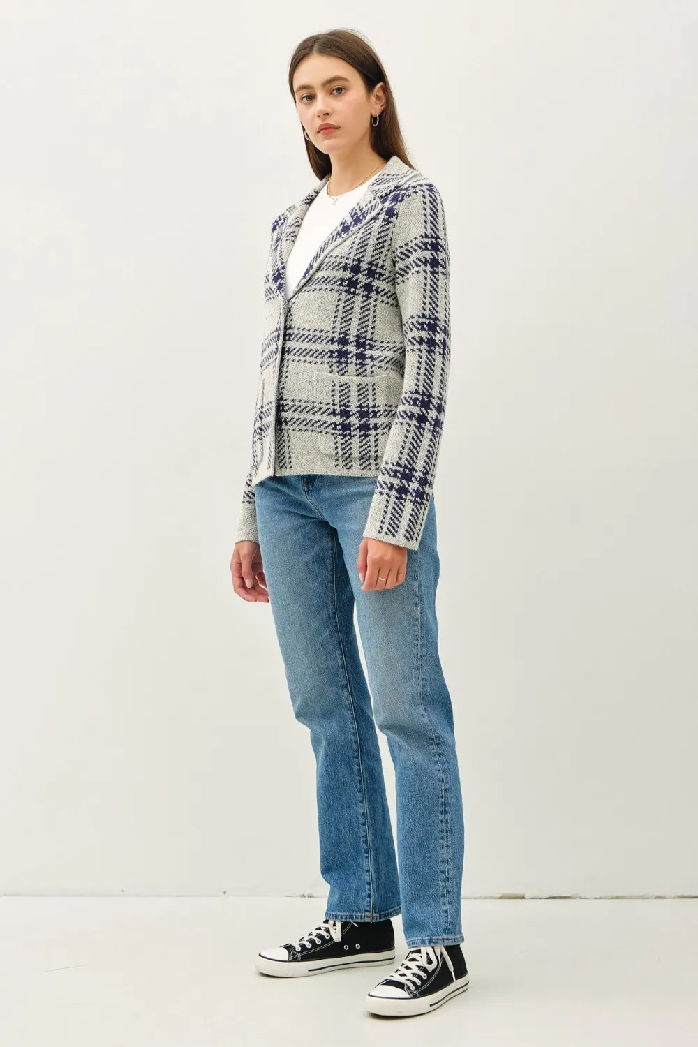 Plaid Long Sleeve Sweater Jacket with Front Patch Pockets, image 3