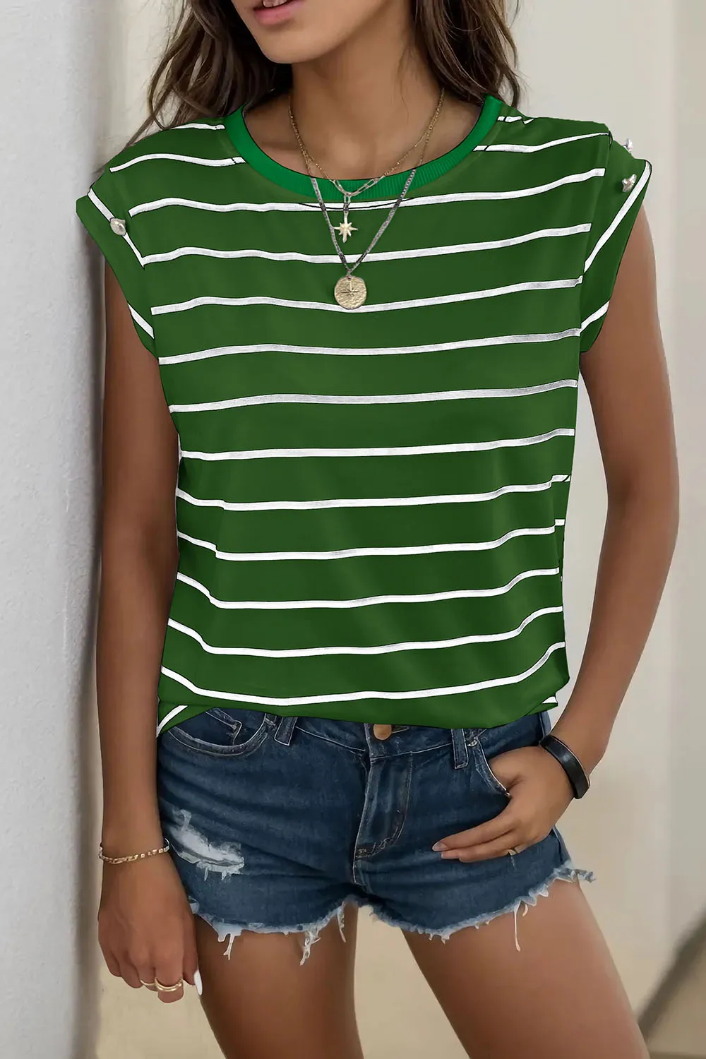Decorative Button Round Neck T-Shirt, image 22