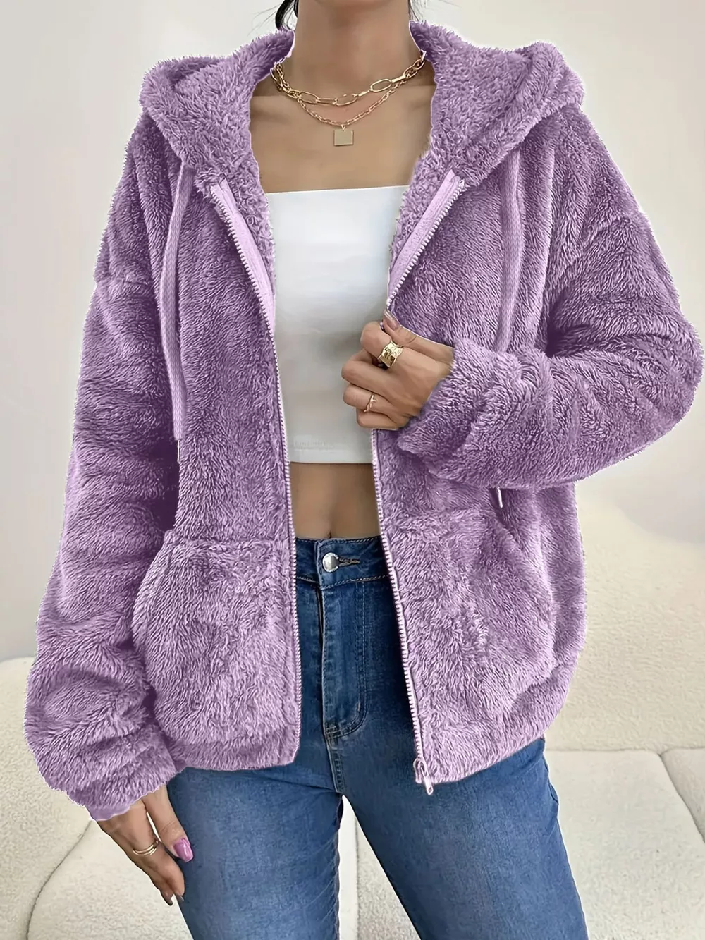 Drawstring Fleece Zip-Up Outerwear, image 16