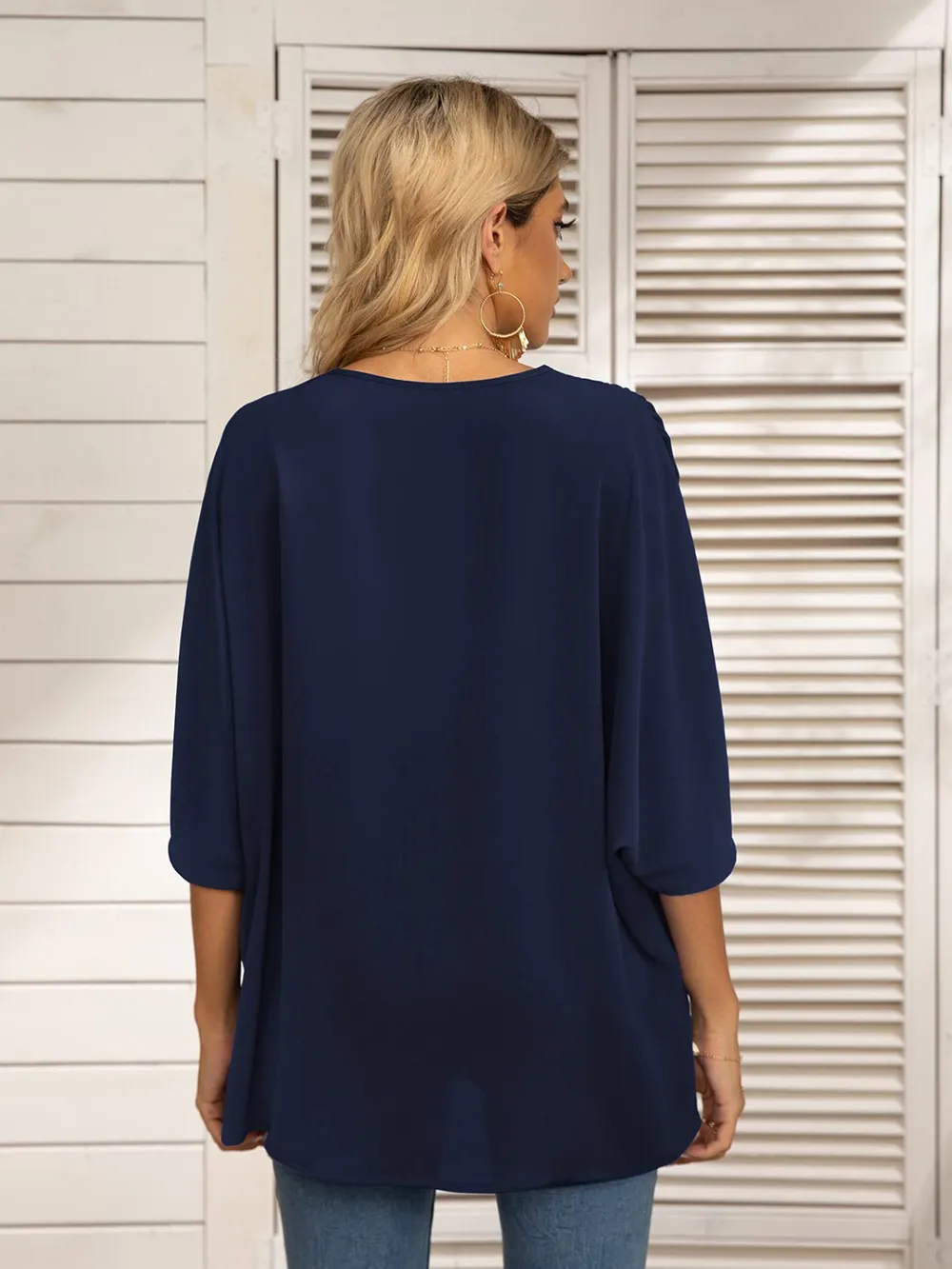 Printed Trim V-Neck Batwing Sleeve Blouse, image 5