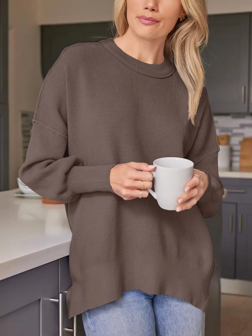 Slit Round Neck Dropped Shoulder Sweater, image 2