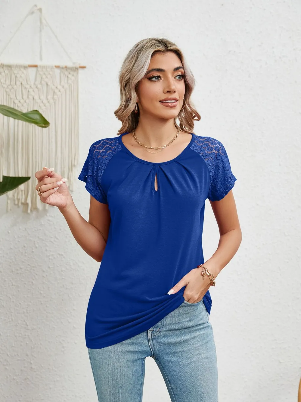 Lace Detail Round Neck Short Sleeve T-Shirt, image 4