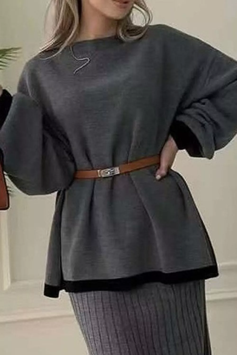Contrast Trim Ribbed Knit Sweater and Skirt Set, image 2