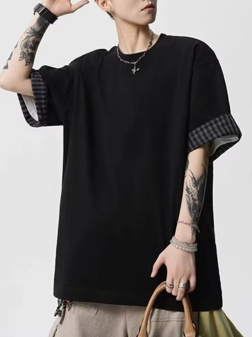 Men's Plaid Trim Round Neck Short Sleeve T-Shirt