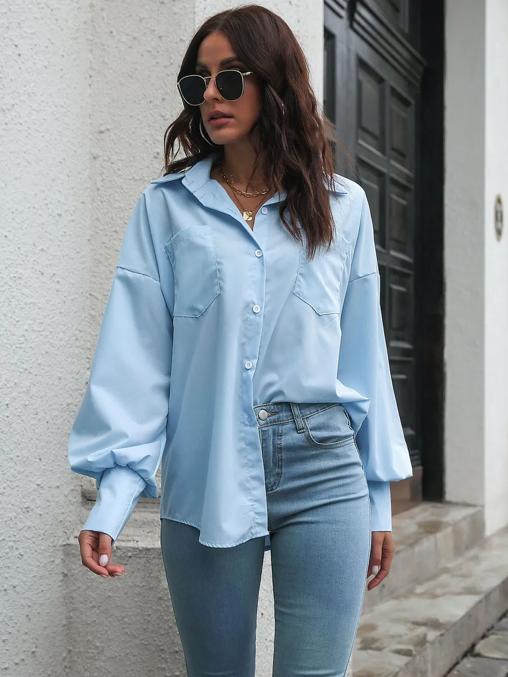 Button Up Dropped Shoulder Lantern Sleeve Shirt, image 4