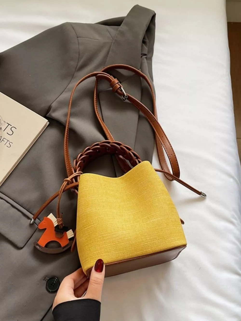 Braided Top Handle Bucket Crossbody Bag, image 2