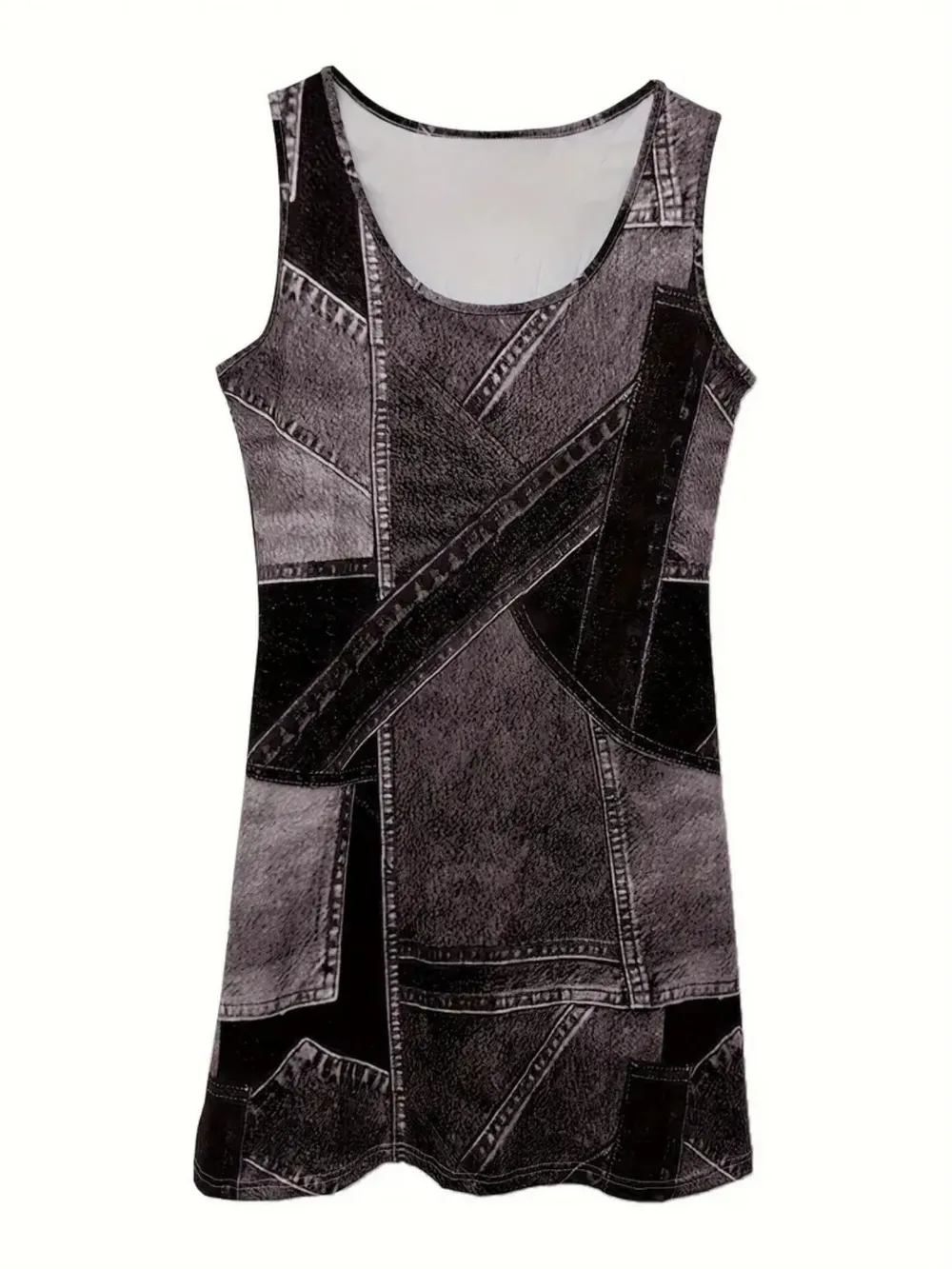 Patchwork Scoop Neck Denim Tank Dress, image 9