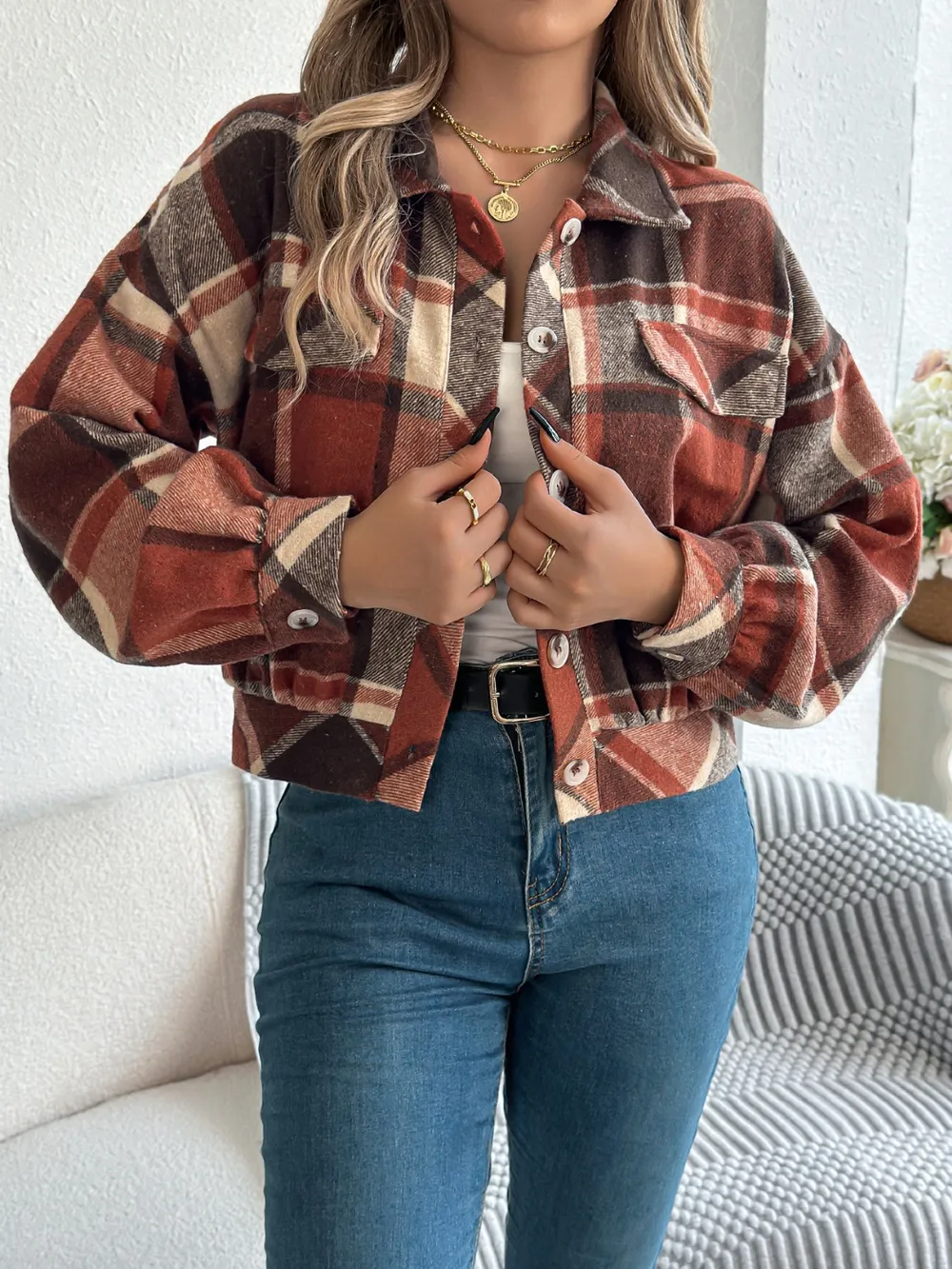 Plaid Button Up Long Sleeve Jacket, image 7