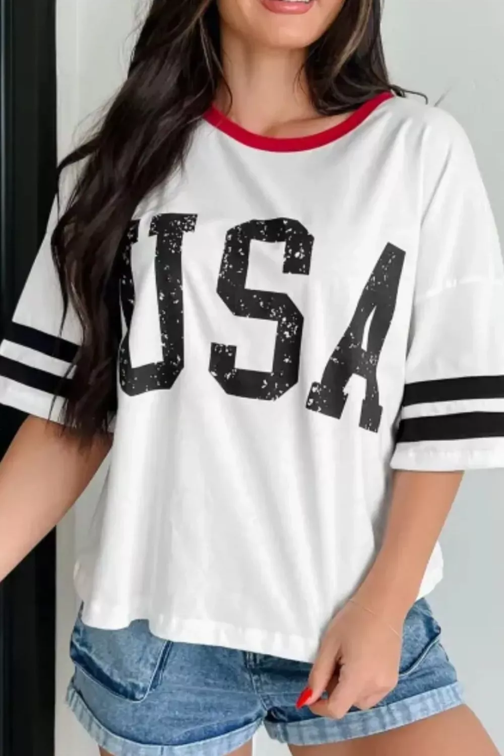 USA Letter Printed Varsity Striped Sleeve Round Neck Tee, image 3
