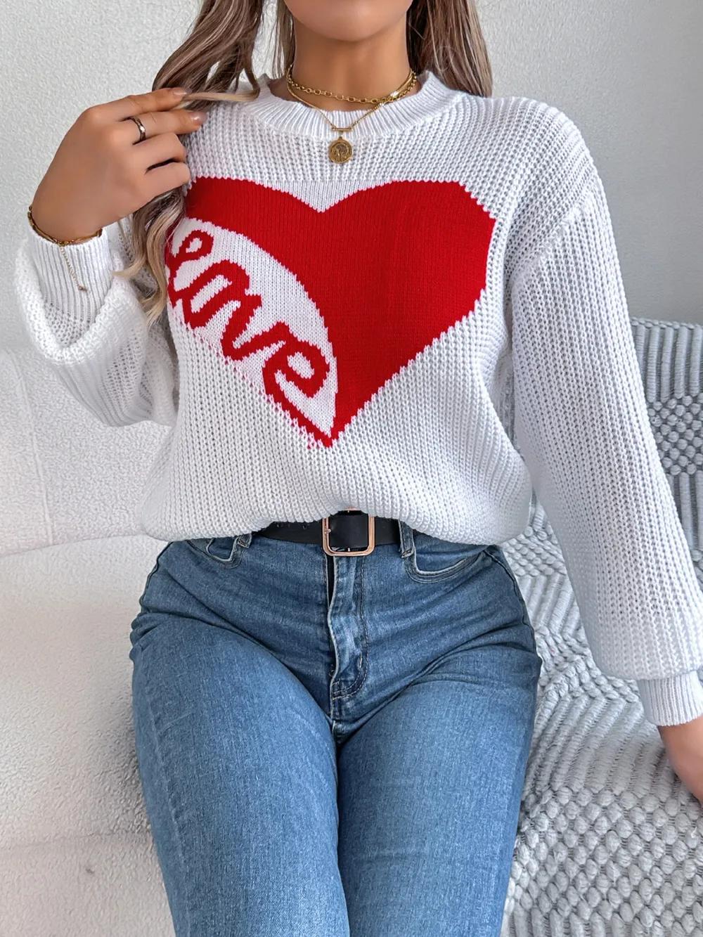 LOVE Heart Round Neck Dropped Shoulder Sweater, image 13