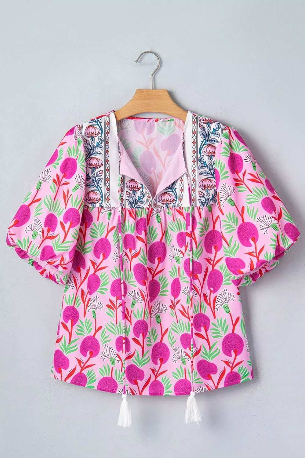 Floral Print Short Sleeve Contrast Patchwork Tassel Tie Blouse, image 8