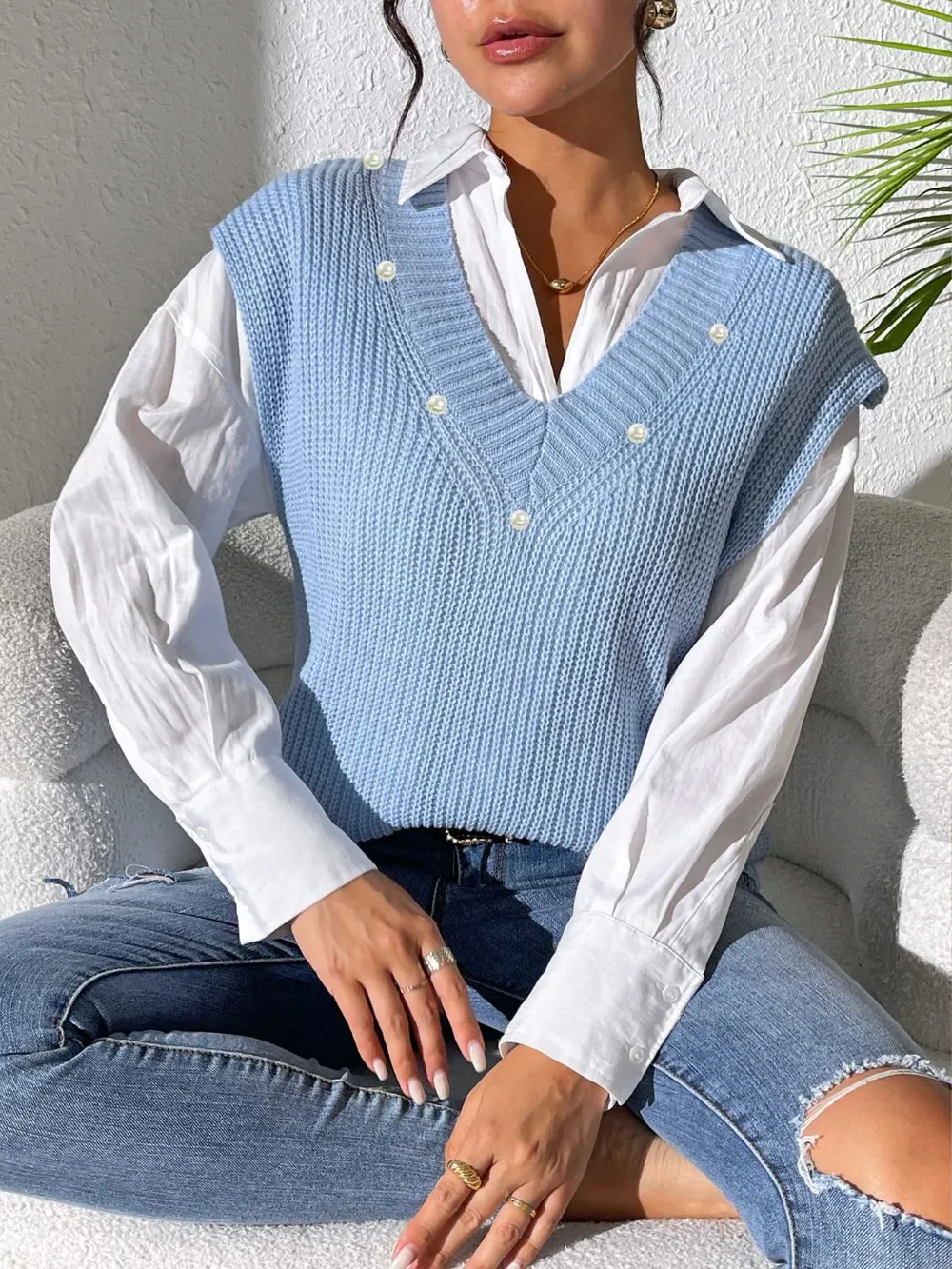 Pearl Trim V-Neck Sweater Vest, image 7