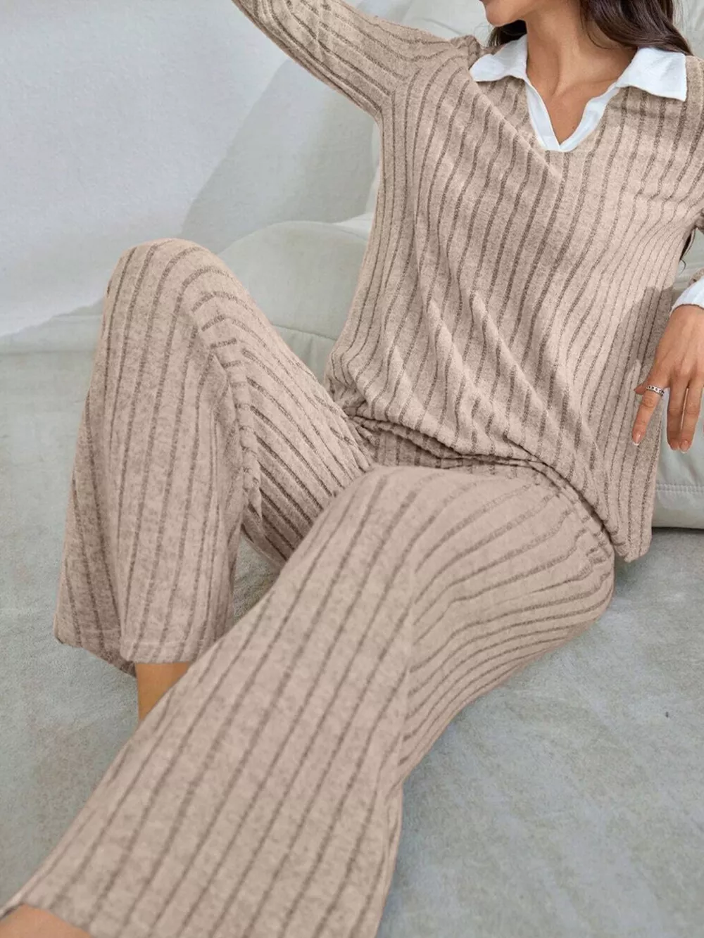 Ribbed Knit Polo Collar Top and Pants Lounge Set, image 11
