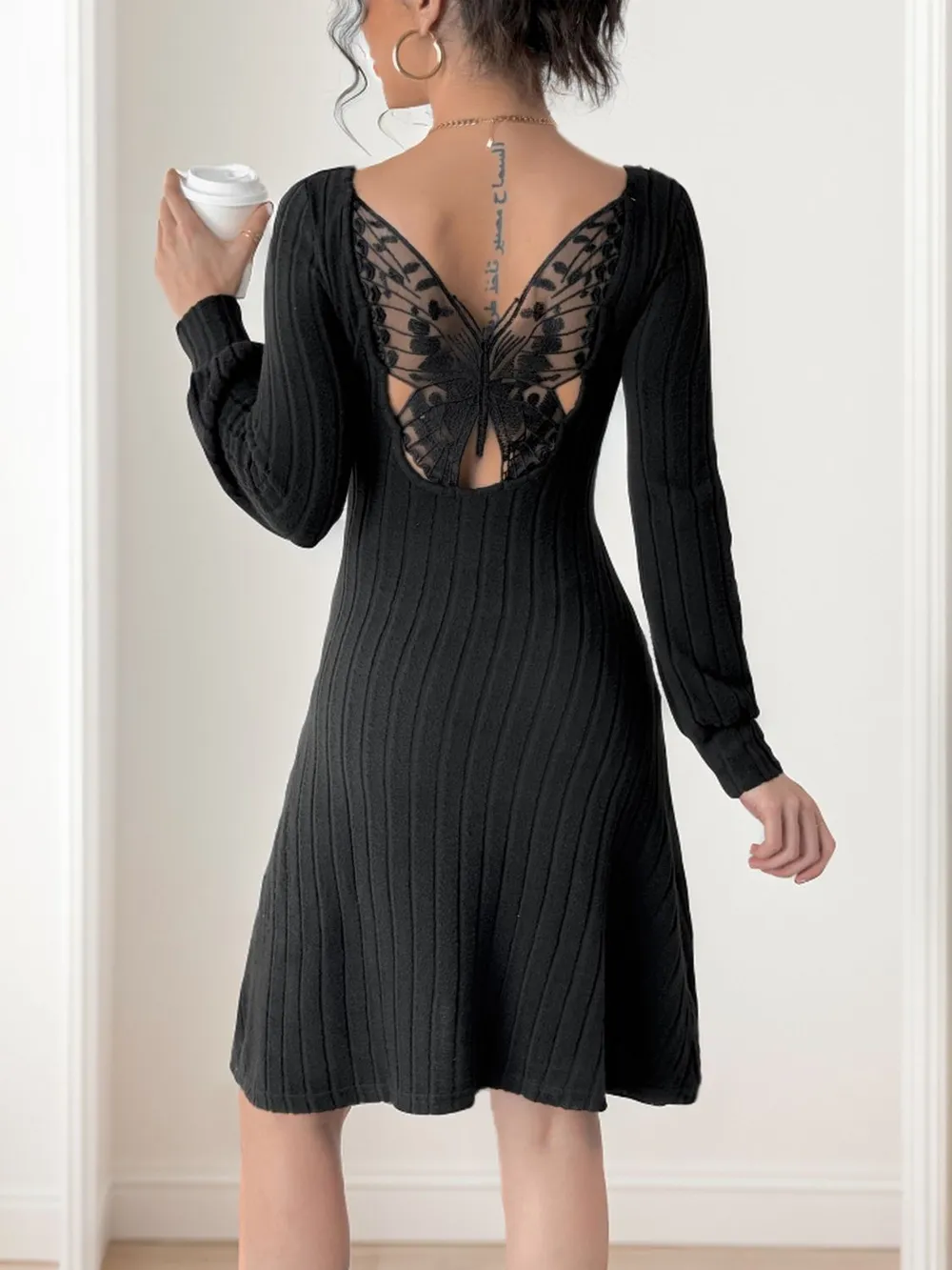 Butterfly Square Neck Long Sleeve Dress, image 4
