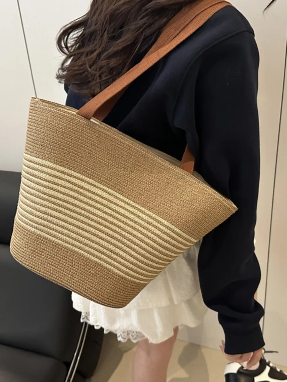 Striped Woven Tote Bag, image 4