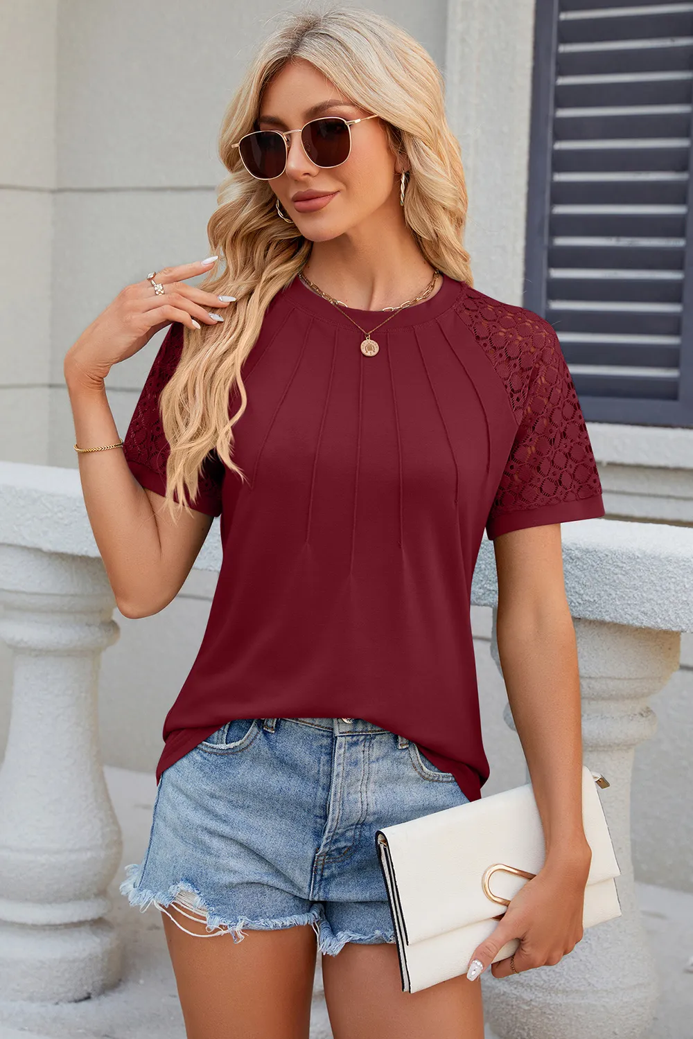 Openwork Round Neck Short Sleeve T-Shirt, image 25