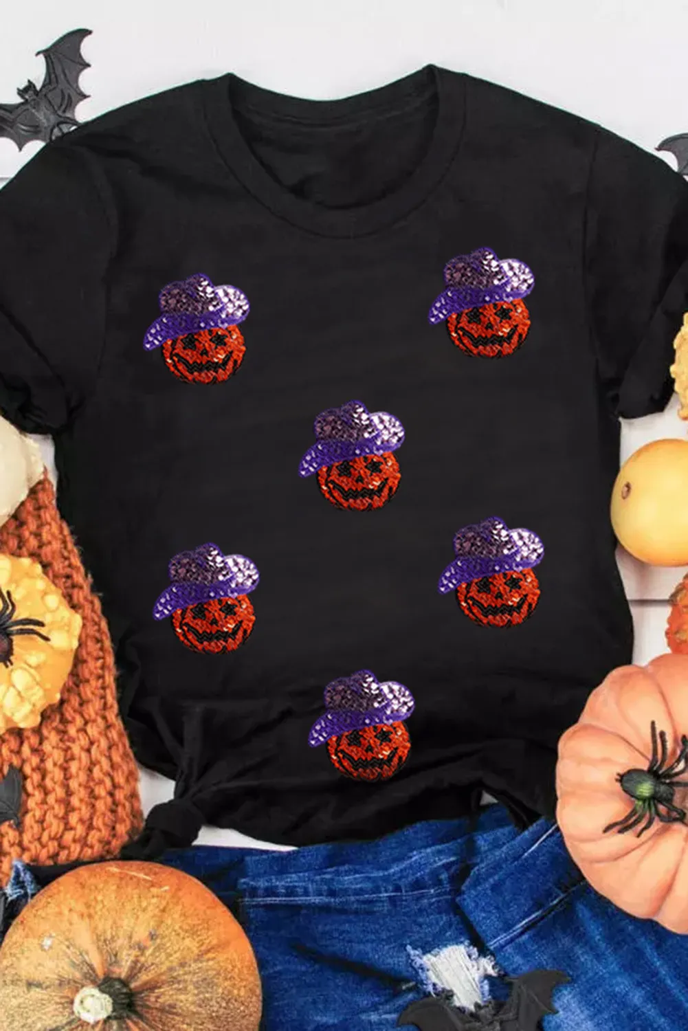 Sequin Pumpkin Round Neck Short Sleeve T-Shirt, image 3