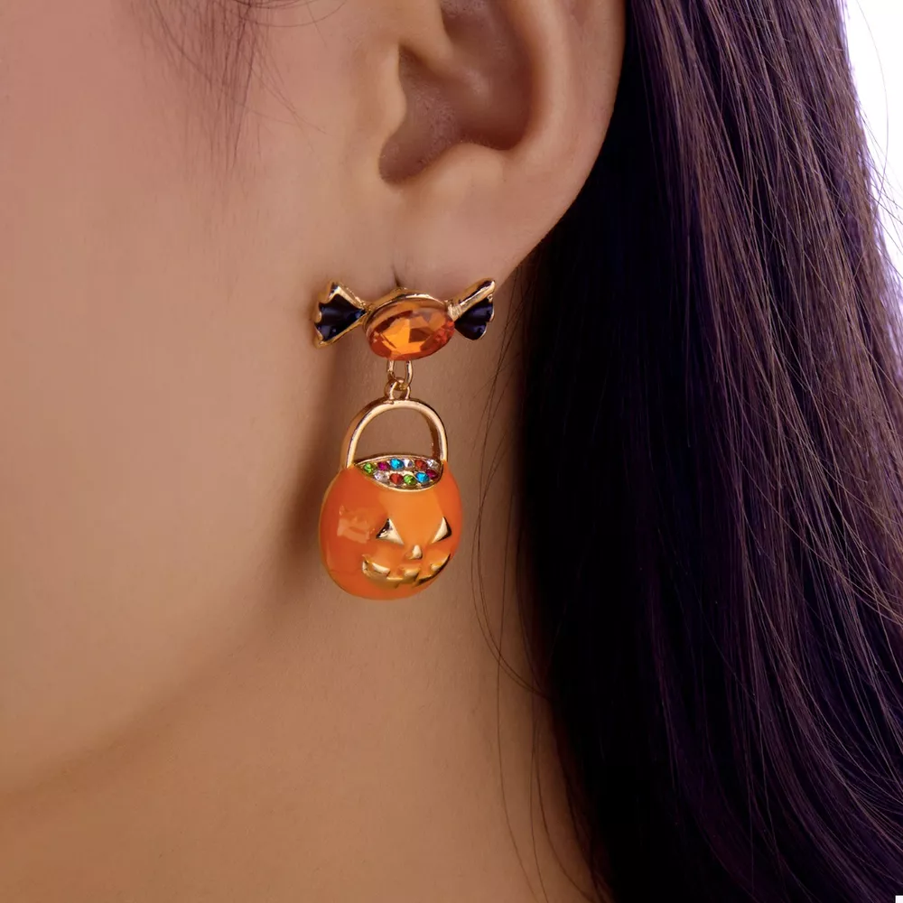 Halloween Rhinestone Pumpkin Dangle Earrings, image 2