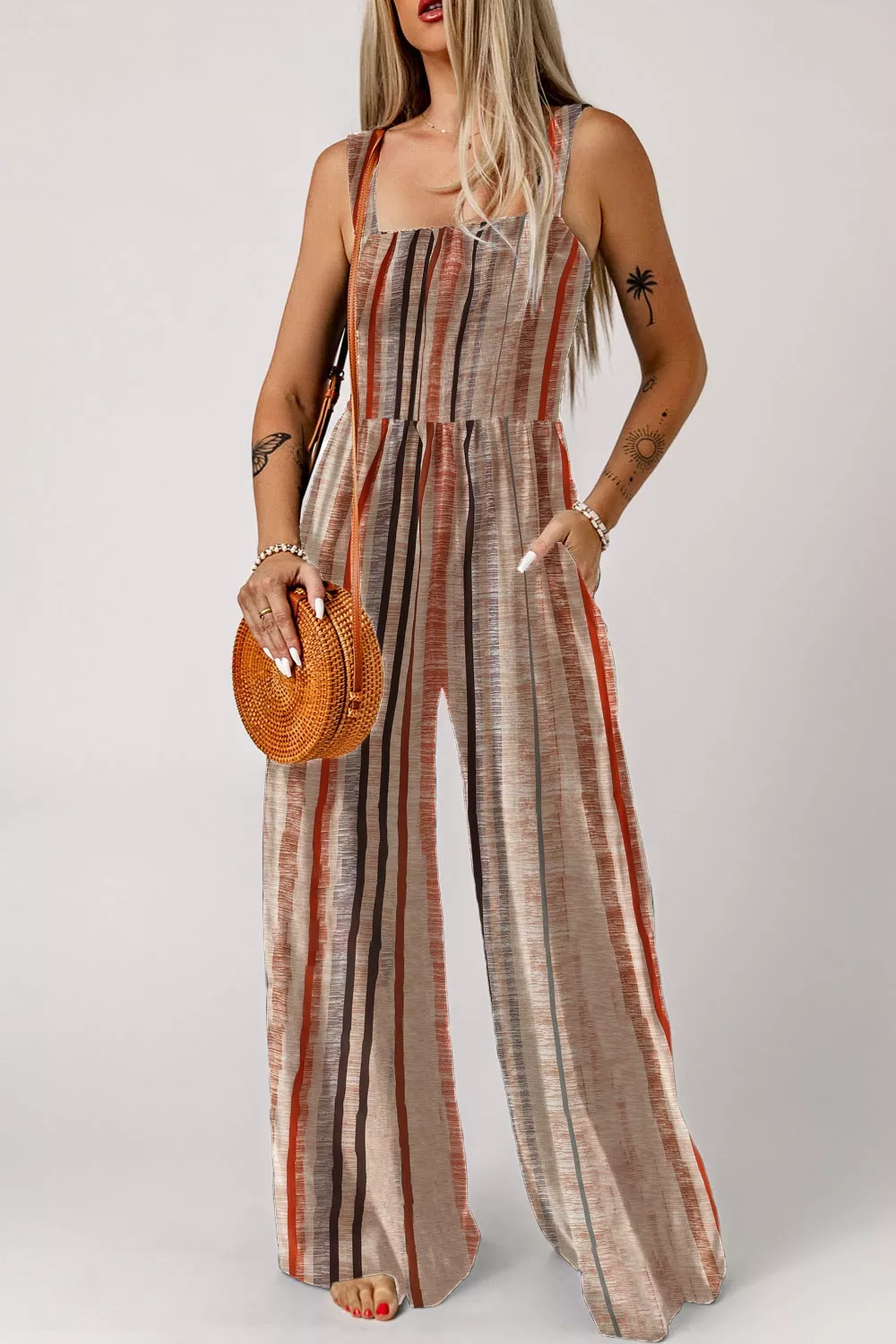 Stripe Square Neck Sleeveless Smocked Bodice Wide Leg Jumpsuit, image 2