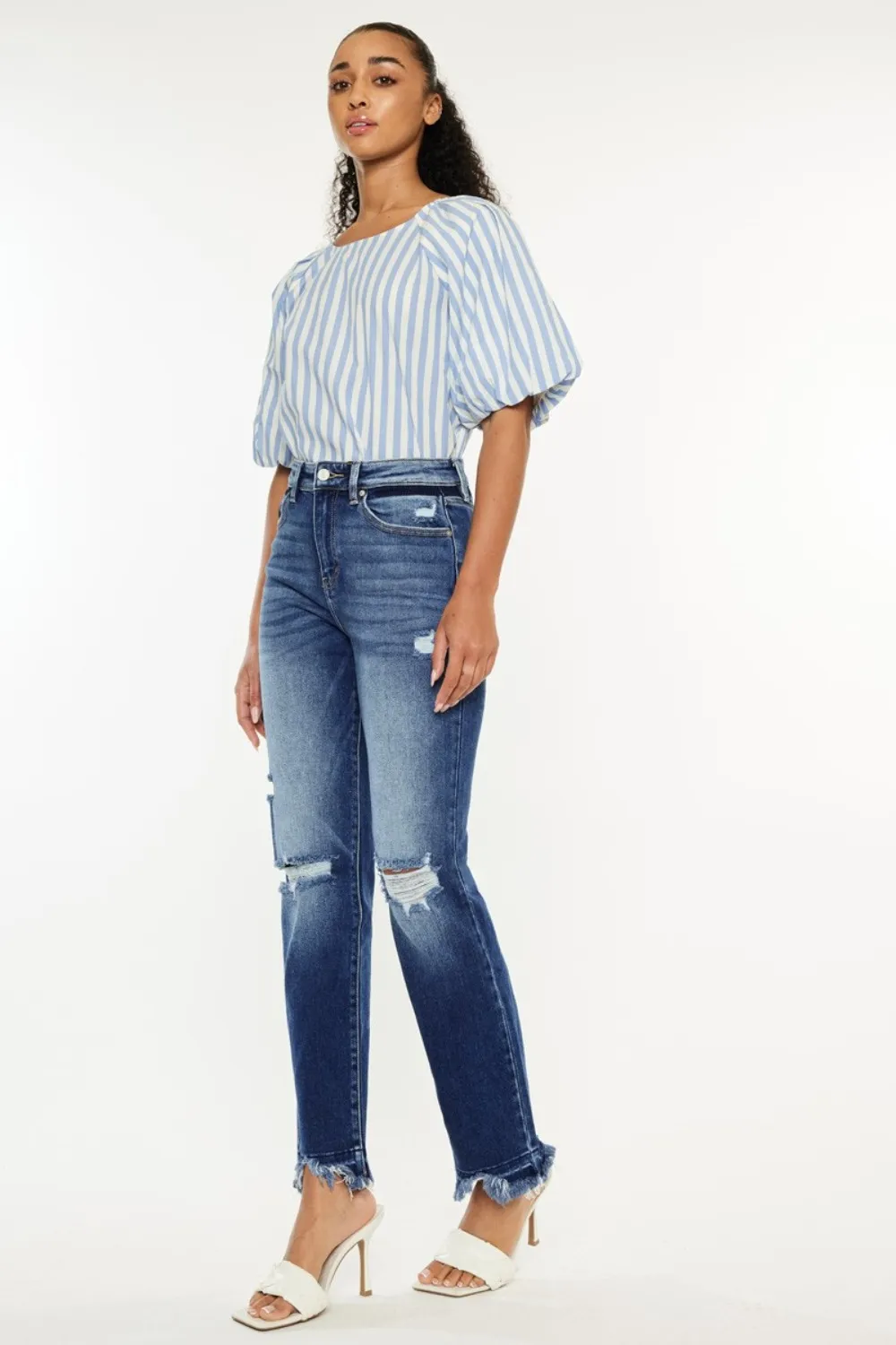 High Rise Distressed Slim Straight Jeans, image 3