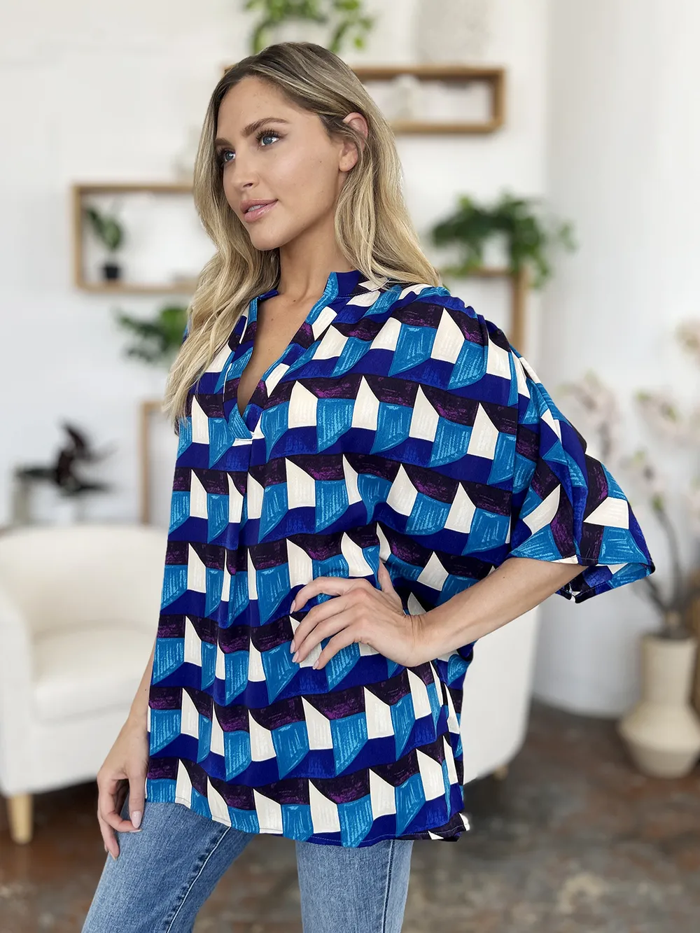 Full Size Geometric Notched Half Sleeve Blouse, image 17
