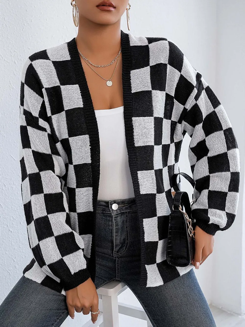 Checkered Open Front Long Sleeve Cardigan, image 7