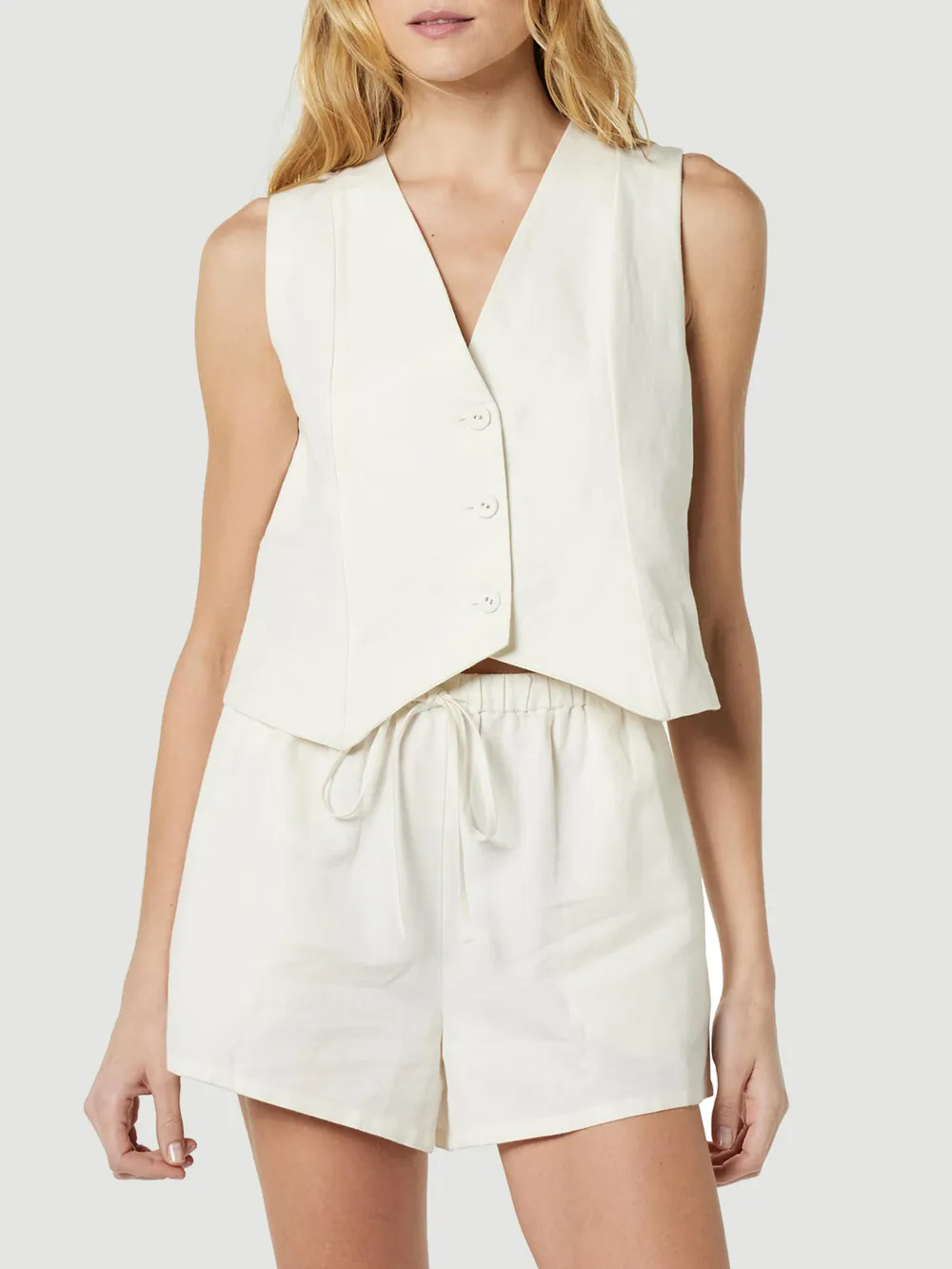 Button Up V-Neck Top and Pocketed Shorts Set, image 2