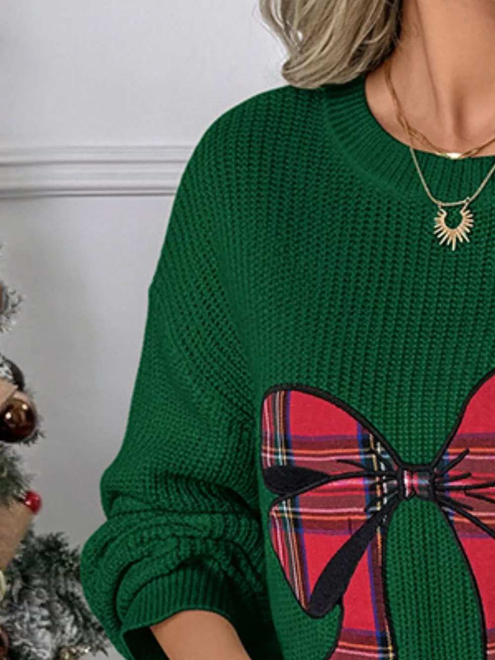 Plaid Bow Round Neck Christmas Sweater, image 3
