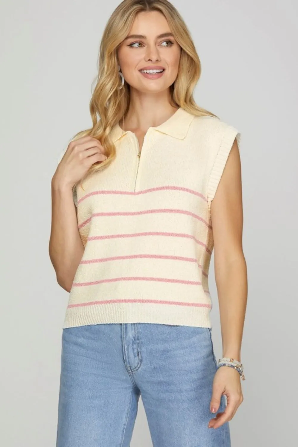Full Size Ribbed Hem Striped Half Zip Sweater Vest Plus Size
