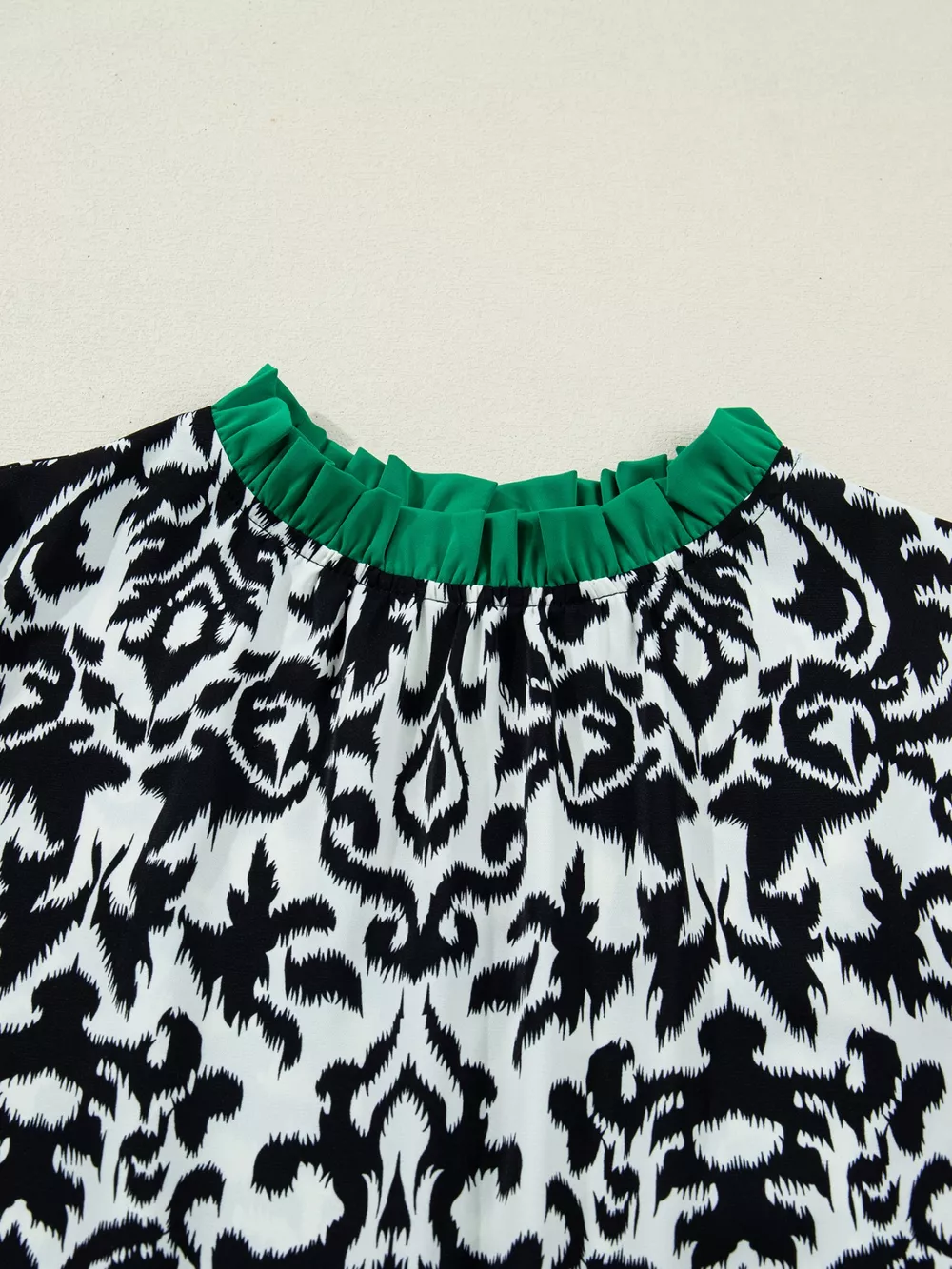 Damask Print Ruffled Color Block Detail Half Sleeve Blouse, image 9