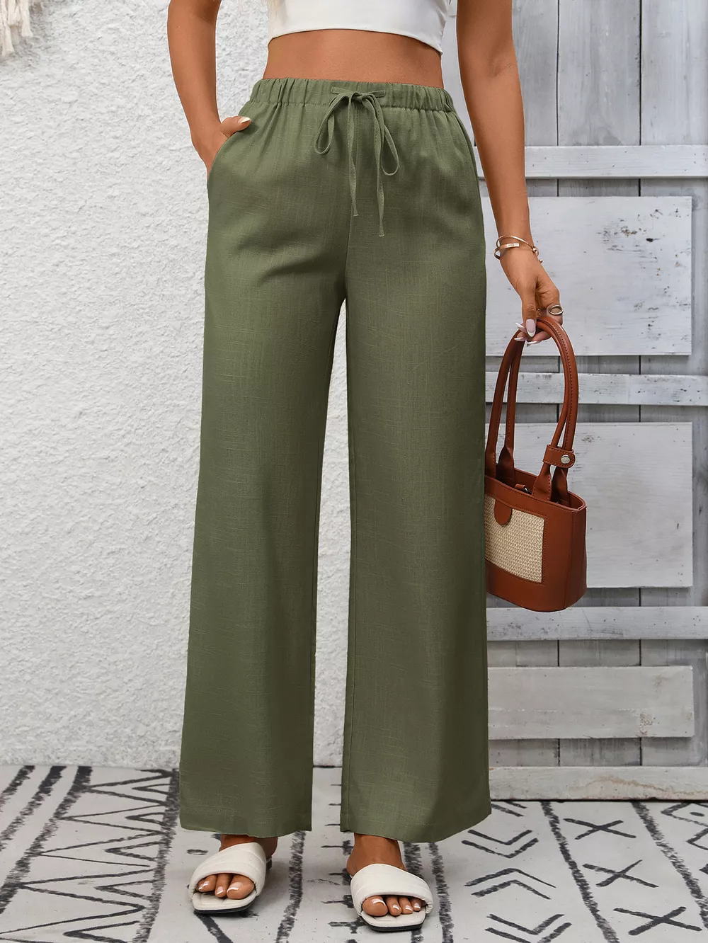 Drawstring High Waist Wide Leg Pants