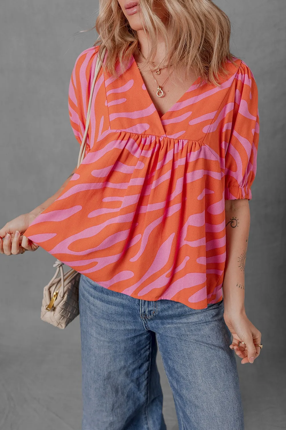 Zebra Stripe Print Ruched Cuff Half Sleeve V Neck Blouse, image 8