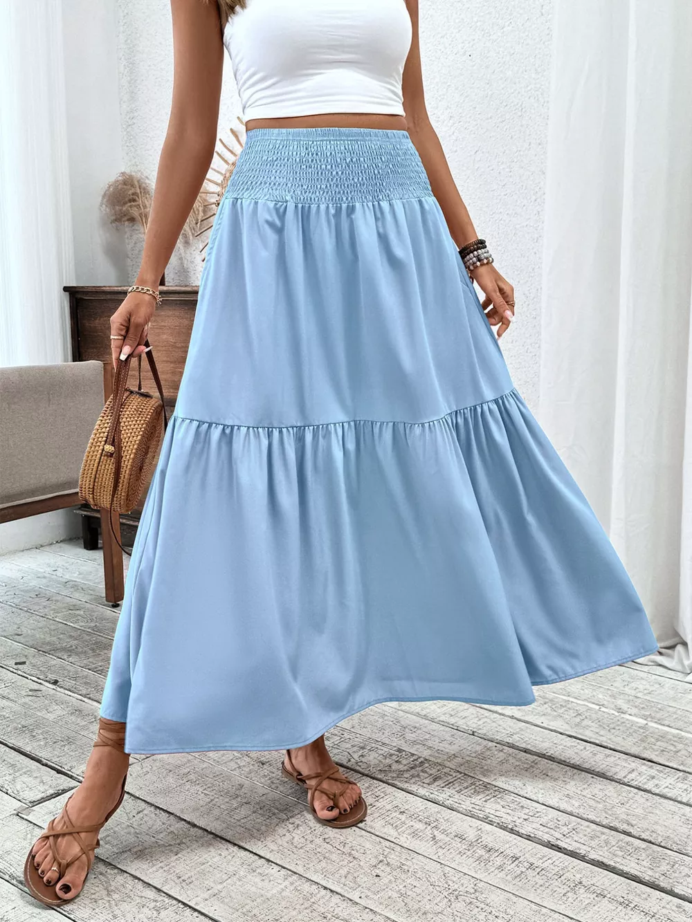 Smocked Waist Tiered Skirt, image 10