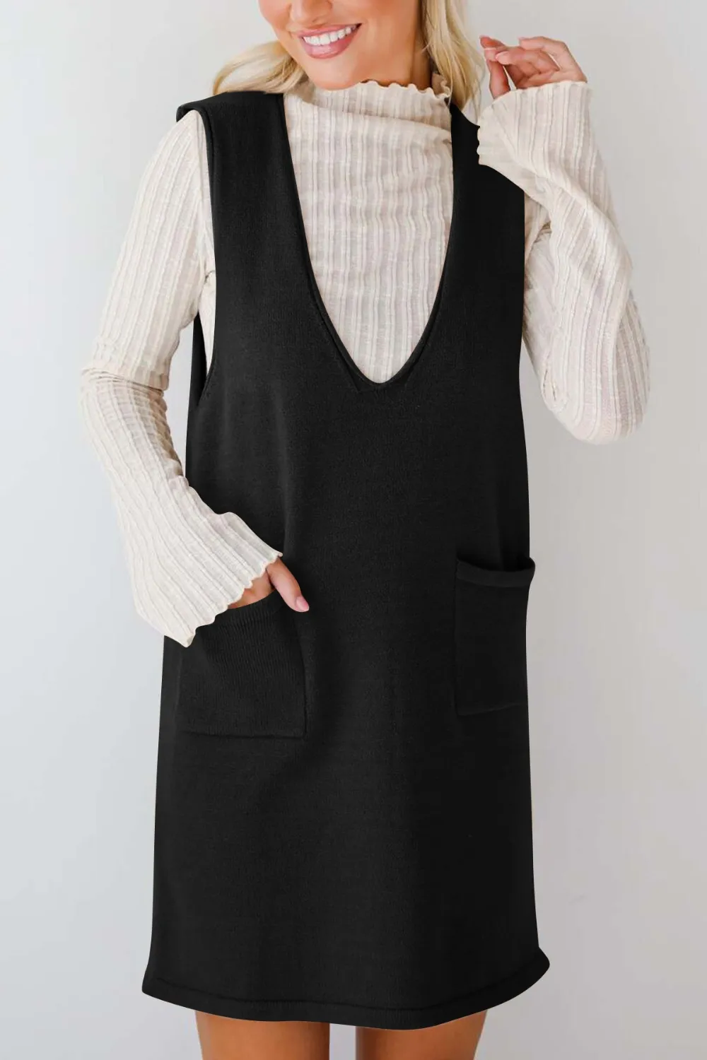 Pocketed V-Neck Mini Sweater Overall Dress, image 11