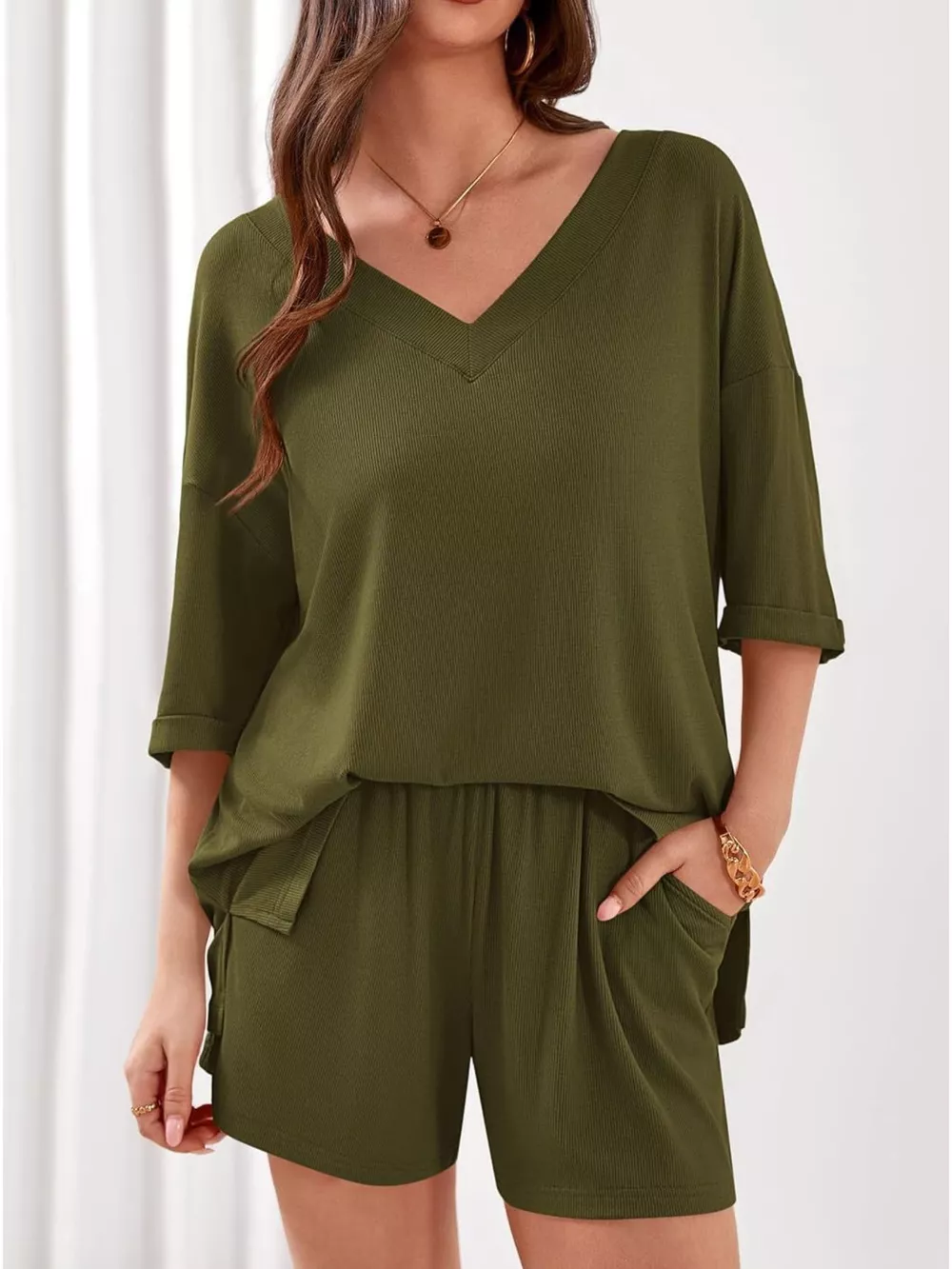 Casual Solid Color V-Neck Top & Shorts Set