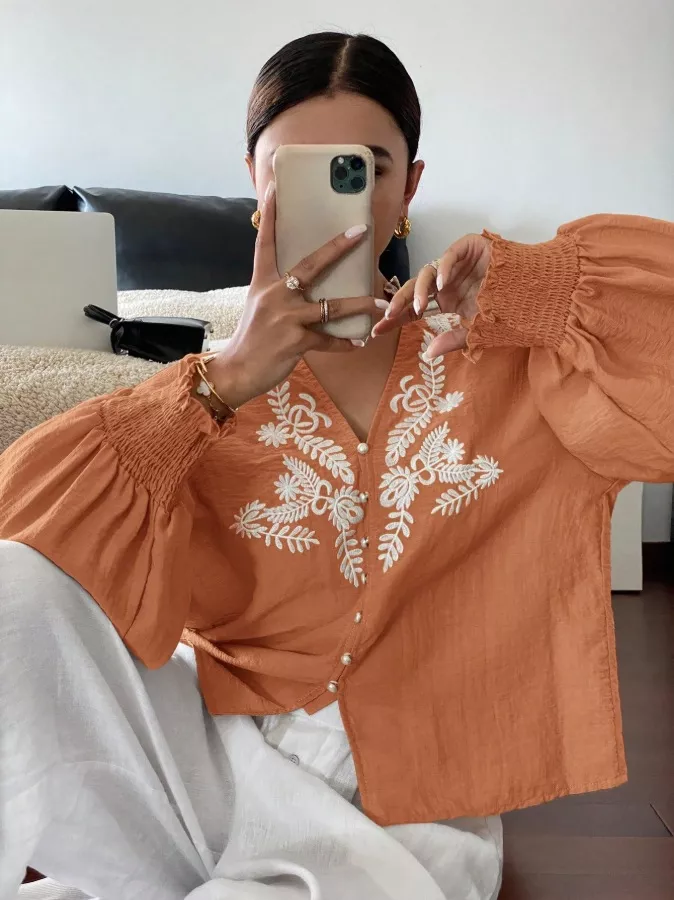 Embroidered Notched Long Sleeve Blouse, image 24