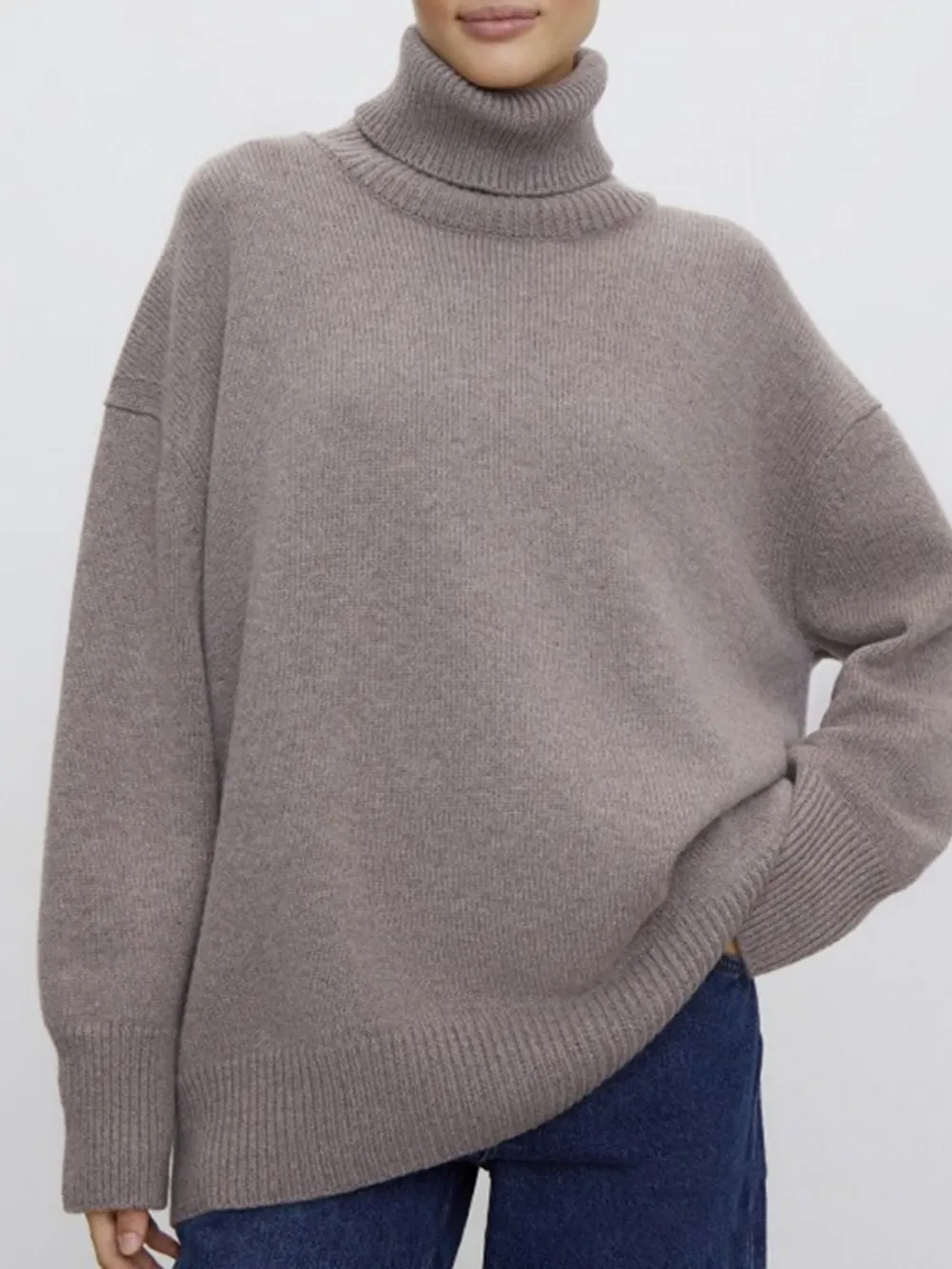 Ribbed Detail Turtleneck Dropped Shoulder Sweater, image 5