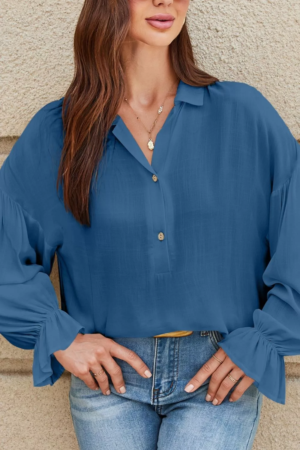 Button Detail Flounce Sleeve Blouse, image 3